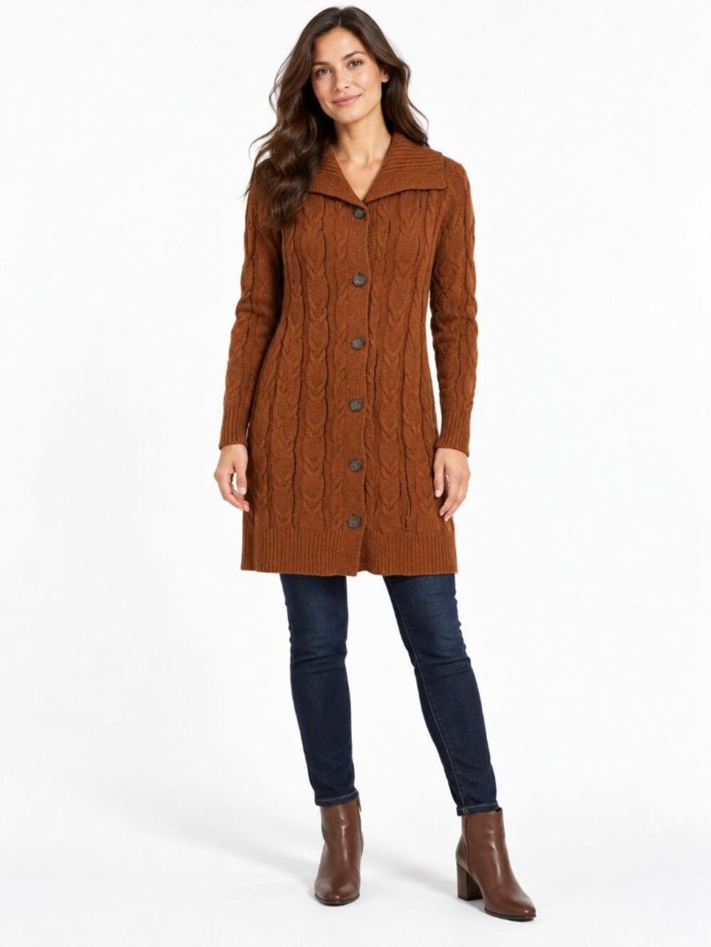 J.Jill Rust Brown Cable Knit Longline Button-Front Cardigan Petite Xsmall